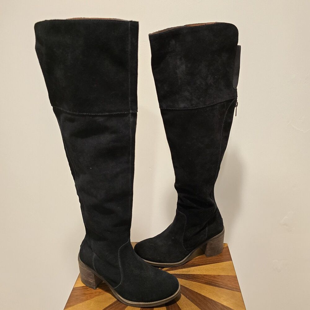 Lucky Brand Rayla Boots Black Suede Over The Knee Heeled 8.5 Womens Western Boho